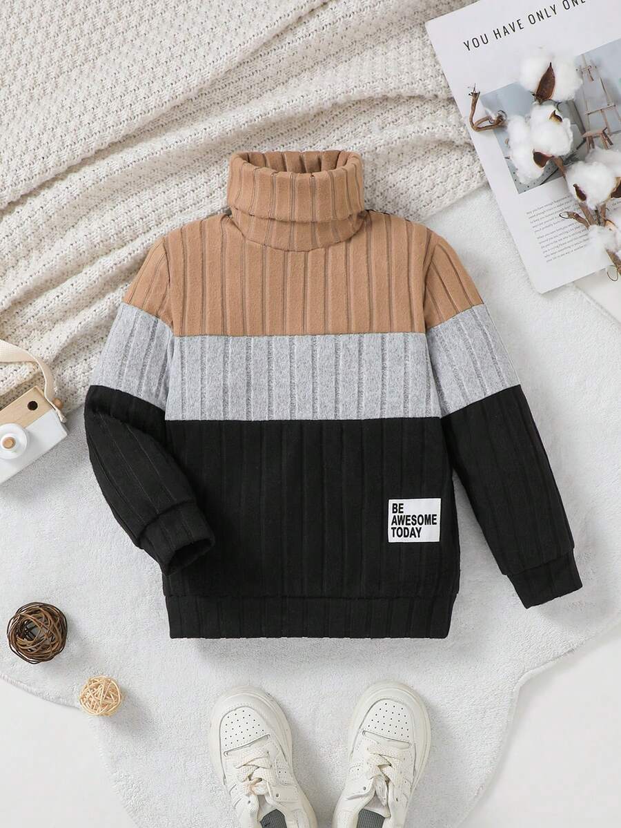 Young Boy Patchwork Contrast Color Ribbed Brushed High Neck Sweatshirt - Camel - View 1