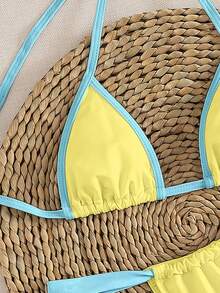 Bộ bikini tam giác siêu nhỏ màu trơn mới, kiểu dáng thanh lịch, buộc dây cổ, thích hợp cho mùa hè đi biển và du lịch. - Vàng xanh - Xem 5