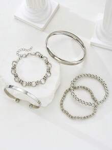 5pcs Fashionable Exaggerated Minimalist Vintage Coin Design Layered Chunky Chain Beaded Bracelet Set, Smooth Bangle Cuff Suitable For Date, Vacation, Daily Wear, Party, Wedding, Birthday Gift For Women - Silver - View 8