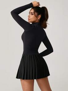 NcmRyu 1pc Women's Fashion Mock Neck Half Zip Pleated Hem Anti-Flashing Safety Shorts Waist Cinched Sports Jumpsuit Dress - View 6