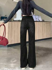 修身复古喇叭弹力牛仔裤，女式及地长裤 - 黑色 - 查看 6