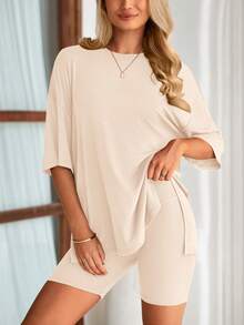Women's Summer Clothes 2 Piece Sets Lounge Set Casual Oversized Shirts Biker Shorts Matching Airport Travel Sweatsuit Set Women Vacation Outfit Apricot Summer Brunch Outfits For Women - Màu be - Xem 4