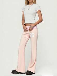 Y2k Flared Leggings Women Fold Over Low Waist Wed Leg Lounge Pants Cute Yoga Foldover Bell Bottoms Sweatpants - 粉色 - 查看 2