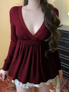 Y2K街头风休闲露脐女式上衣，V领性感修身针织长袖衬衫，酒红色，春季款 - 酒紅色 - 查看 8