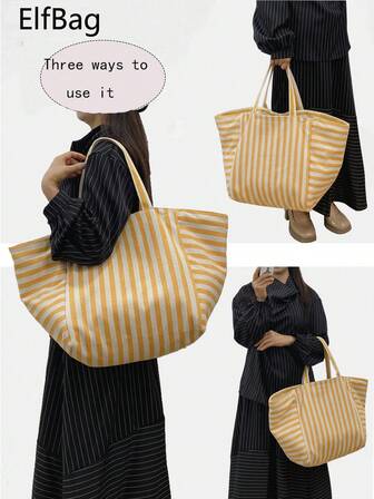 时尚条纹女士托特包，厚实大容量可折叠帆布包，简约个性手提包，旅行通勤购物单肩包，撞色条纹独特设计，适合大学、旅行、通勤、购物、日常搭配，男女皆宜。
