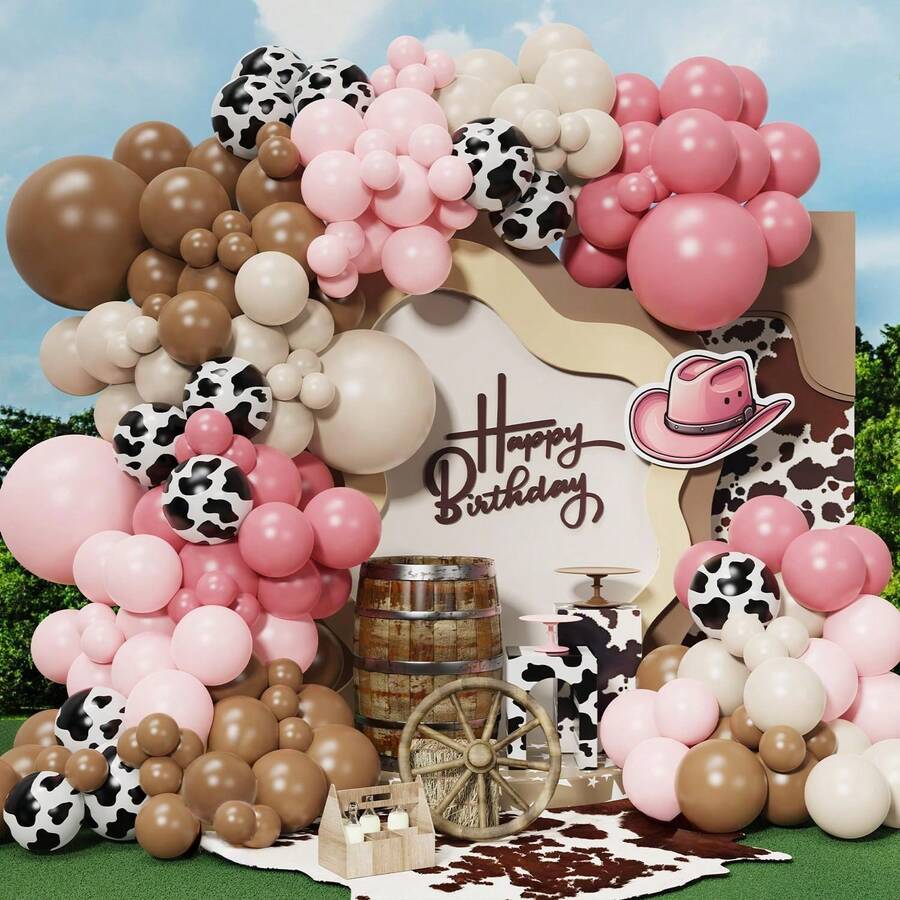 137pcs Cowgirl Balloon Arch Garland Kit, Dusty Pink Light Pink Brown Sand White Balloons With Cow Print Balloons For Western Baby Shower Farm Cowboy Birthday First Rodeo Party Decorations - Multicolor - View 1