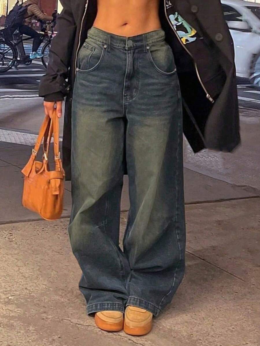 MYOURSA Y2K街头风休闲做旧宽松阔腿牛仔裤，水洗蓝 - 深色水洗藍 - 查看 1