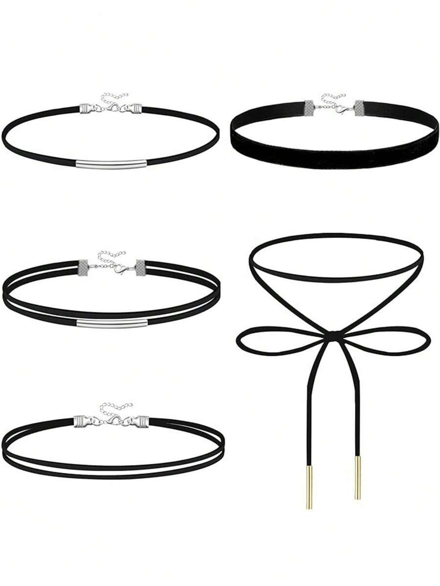 Set de 5 collares gargantilla góticos vintage de estilo geométrico de doble capa para mujer - Multicolor - Ver 1