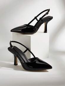 Black Glossy Pointed Toe High Heel Pumps With Ankle Strap, Versatile For Daily Wear, Banquet, Party, Fashion - Black - View 1