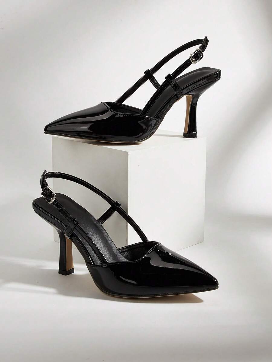 Black Glossy Pointed Toe High Heel Pumps With Ankle Strap, Versatile For Daily Wear, Banquet, Party, Fashion - Black - View 1