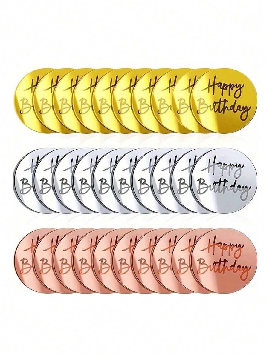 10pcs Happy Birthday Acrylic Cake Toppers, Round Mirror Cake Decorations, Suitable For Birthday Party DIY Cake Decor (Gold + Pink + Silver) - Multicolor - View 1