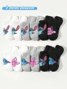 Disney 1/5/10/15 Pairs Kids/Girls Cartoon Stitch/Experiment 626 Patterned Socks, Fashionable Soft & Breathable Sports Socks, Casual Lace Trim Socks, Suitable For Students, Holidays, Travel, Back To School, Random Color & Style - Multicolor - View 7