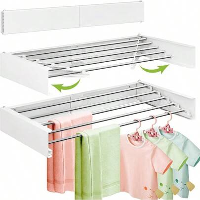 Wall Mounted Clothes Drying Rack 32 InchesFoldbale Laundry Drying Rack Wall Mount Drying Rack Clothing Space Saver Retractable Collapsible Folding Laundry Rack White