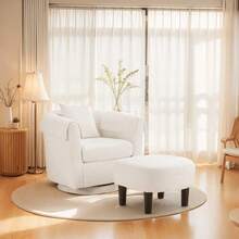 Swivel Accent Chair With Ottoman Set, Modern Chenille Barrel Armchair With Removable Back Pillow & 2 Armrest Covers For Living Room, Bedroom, Office, White - trắng - Xem 2