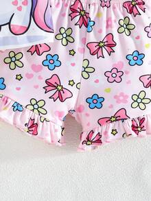 Baby Girl Summer Short Sleeve Ruffle Sleeve Unicorn & Bow Print Round Neck T-Shirt And Ruffle Hem Shorts Set - Pink - View 8