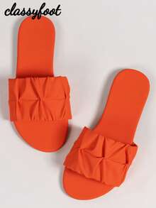 Women Wide Fit Fashion Square Toe Pleated Flat Sandals, Orange PU Summer Holiday Slide Slippers - Orange - View 5