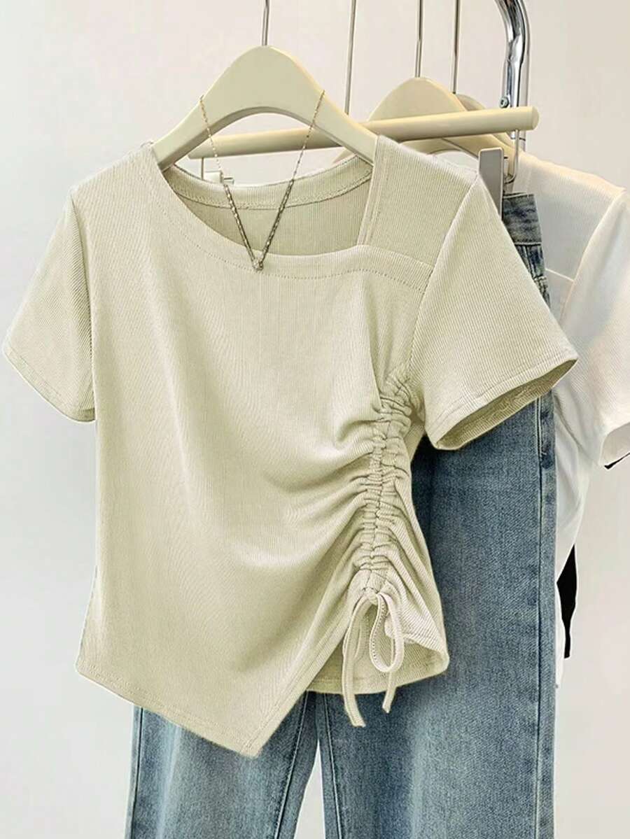 夏季新款不对称设计抽绳短袖T恤，休闲上衣 - 杏色 - 查看 1