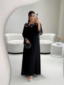 Women's Robe, Luxury Embroidered Trim Ramadan Robe, Elegant Party Dress - Black - View 2