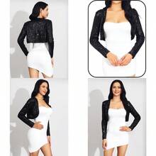 Women's Sequin Jacket Evening Shrugs Long Sleeve Open Front Cropped Bolero For Formal Dresstocking Stuffers, Christmas, Scarf, Winter - 黑色 - 查看 6