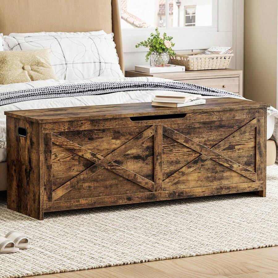 47.2 en cofre de almacenamiento, banco de almacenamiento de madera con bisagras de, fácil montaje, banco de zapatos grande para la entrada, sala de estar, dormitorio - Marrón - Ver 1