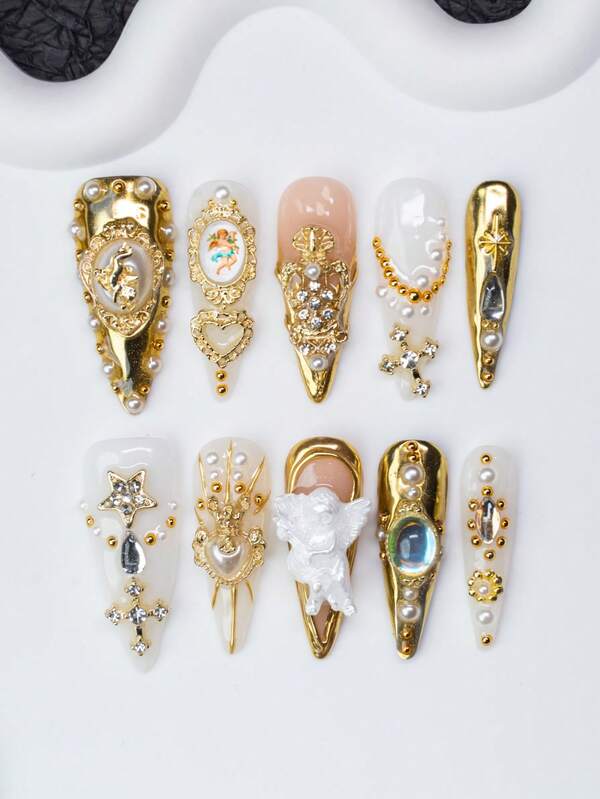 10pcs/Set Handmade Almond-Shaped Y2K Baddie Style Press-On Nails, Nude, Gold, White Colors With French Tips, Asymmetrical Metallic Liquid Patterns, Beads, Hearts, Pearls, Gems, Crosses, Rhinestones, Angel Decorations, Suitable For Women And Girls, Party, Wedding, Daily Wear, Includes Tool Kit, Great Gift For Ladies