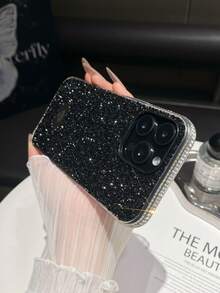 1pc Black Rhinestone Edged Shockproof Bling Phone Case Suitable For IPhone 17/16 Pro Max/13/14 - Black - View 5