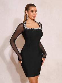 Sexy Square Neck Rhinestone Flower Design High-End Short Skirt Mesh Splicing Slim Fit Bodycon Dress Women's Party Gowns Banquet Party Gowns