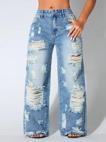 低腰阔腿休闲蓝色做旧斜插口袋弧形女式牛仔裤 春季款 - 寶藍色 - 查看 4