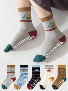 10雙隨機混色兒童地板襪，卡通條紋小車圖案，點狀防滑底，軟底室內防滑中筒襪，適用男孩、女孩、幼兒、嬰兒 - 彩色 - 查看 3
