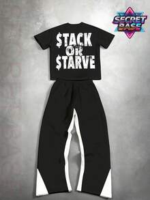 SECRET BASE Men's "Stack Or Starve" Money Graphic T-Shirt And Flame Track Pants Set - Streetwear Outfit - 黑色 - 查看 3