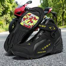 Men's Fashion Travel Hiking Motorcycle Boots, Commuting Riding Shoes, All-Season Motorcycle Short Boots With Buttons - Black and Yellow - View 1
