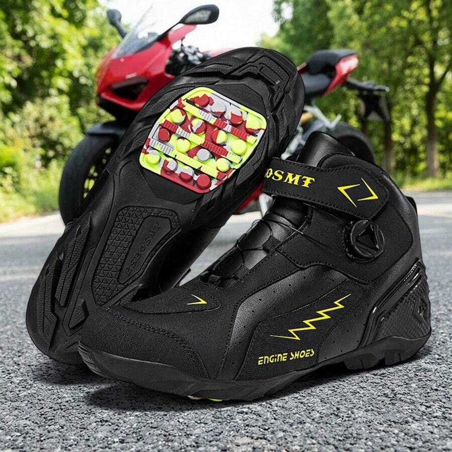 Men's Fashion Travel Hiking Motorcycle Boots, Commuting Riding Shoes, All-Season Motorcycle Short Boots With Buttons - Black and Yellow - View 1