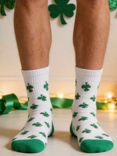 1 Pair,St. Patrick's Day Green And White Striped, Green Shamrock Mid-Calf Socks - Festive Irish Holiday Casual Socks, Suitable For Men And Women