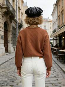 Women's Solid Color Casual Knit Ribbed Sweater, Autumn/Winter - Brown - View 6
