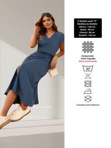 Conjunto Feminino Algodão Saia Midi e Blusa Decote V Estilosa - Azul - Visão 6