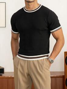 男士圆领罗纹休闲百搭通勤针织短袖上衣 - 黑色 - 查看 2