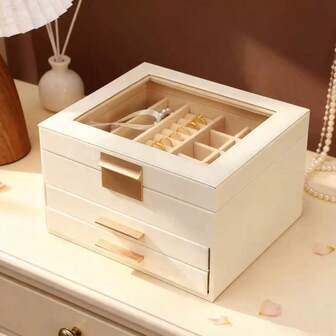 1pc Luxury Jewelry Box With 3 Layers, Transparent Flip Cover For Rings, Necklaces, Earrings, Large Capacity Jewelry Storage Box