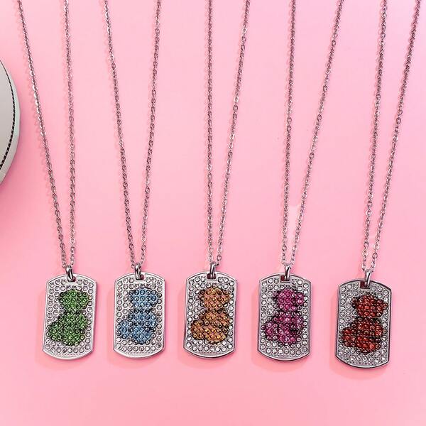 1pc Red Painted Bear Necklace, High-End Elegant Rhinestone Blingbling Stainless Steel Silver Dog Tag Necklace Jewelry