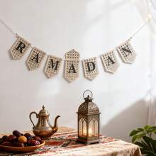 1pc Wooden Letter Banner, Boho Style Triangle Flag Garland, Hanging Party Decor, Pre-Strung Colorful Flags, Festival Celebration Sign, Elegant Patterned Wooden Banner, Reusable Indoor Event Decoration, Party Supplies, Fashionable Hanging Letter Garland, Suitable For Living Room, Dining Room And Entryway Backdrop