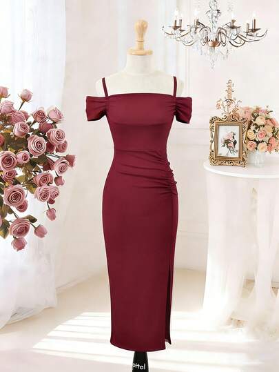 Tween Girls Casual Elegant Simple Versatile Spaghetti Strap Off Shoulder Solid Color Dress, Spring/Summer