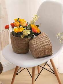 Handmade Woven Rattan Flower Pot Cover, Indoor Plant Wicker Basket, Bohemian Style Home Decor, Seagrass Rope Planter, Decoration For Living Room & Balcony - Brown - View 4