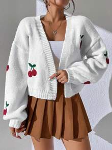 Cárdigan tipo duster de hombros caídos con estampado de cerezas, blusa de manga larga - Blanco - Ver 1