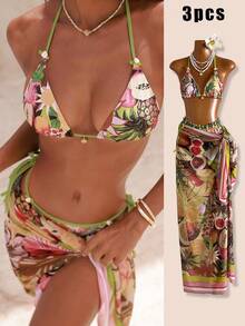 3件套性感网纱罩衫连衣裙复古热带印花比基尼泳衣，女士泳装，新年派对礼服，婚礼派对礼服，毕业礼服，无袖迷你裙，冬季外套，生日装，休闲，千禧，西式风格，夜店，户外热带度假海滩泳装 - 彩色 - 查看 2