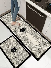 [HOT!!!] 1pc Soft Rubber Kitchen Mat, 3.5mm Thick Kitchen Rug, Tropical Floral & Letter Print Natural Style Absorbent Kitchen Floor Mat, Can Be Trimmed To Fit Kitchen, Surface Fabric, Middle Sponge Layer, Bottom Rubber Layer, Suitable For Kitchen Rug, Kitchen Decor, Wedding Decor, Home Decor, Bathroom Mat, Entryway Mat, Laundry Room Mat, Hallway Carpet, Living Room Mat, Etc. - Multicolor - View 2