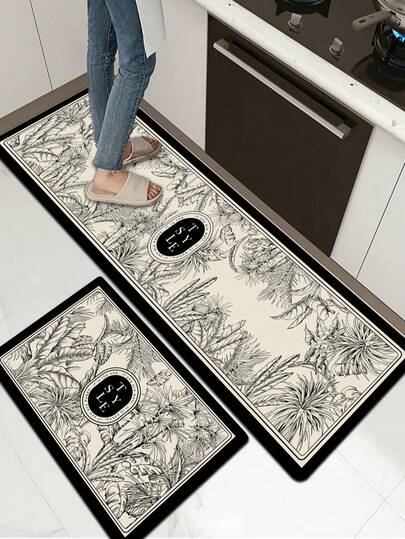 [HOT!!!] 1pc Soft Rubber Kitchen Mat, 3.5mm Thick Kitchen Rug, Tropical Floral & Letter Print Natural Style Absorbent Kitchen Floor Mat, Can Be Trimmed To Fit Kitchen, Surface Fabric, Middle Sponge Layer, Bottom Rubber Layer, Suitable For Kitchen Rug, Kitchen Decor, Wedding Decor, Home Decor, Bathroom Mat, Entryway Mat, Laundry Room Mat, Hallway Carpet, Living Room Mat, Etc.