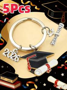 5 piezas Llavero unisex de graduación 2025-2026, llavero de gorra de graduación de aleación con forma de gota de aceite, regalo de recuerdo de ceremonia de graduación, colgante para mochila y bolso