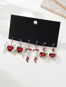 3对嘻哈风格耳环套装，包含心形、翅膀、滴血、剑、星星图案，时尚百搭，是情人节派对的理想礼物 - 彩色 - 查看 2