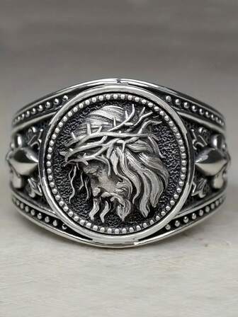 男士复古耶稣基督戒指 - 精致时尚首饰，荆棘冠冕设计，复古灵性风格，完美适用于复活节或派对庆祝活动，经久耐用的配饰