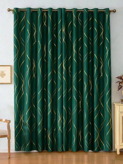 1片双面高精度柔软遮光金属孔眼奢华窗帘，优雅金色纹理，闪亮金色，适用于卧室、客厅、阳台，宫廷风格家居装饰窗帘