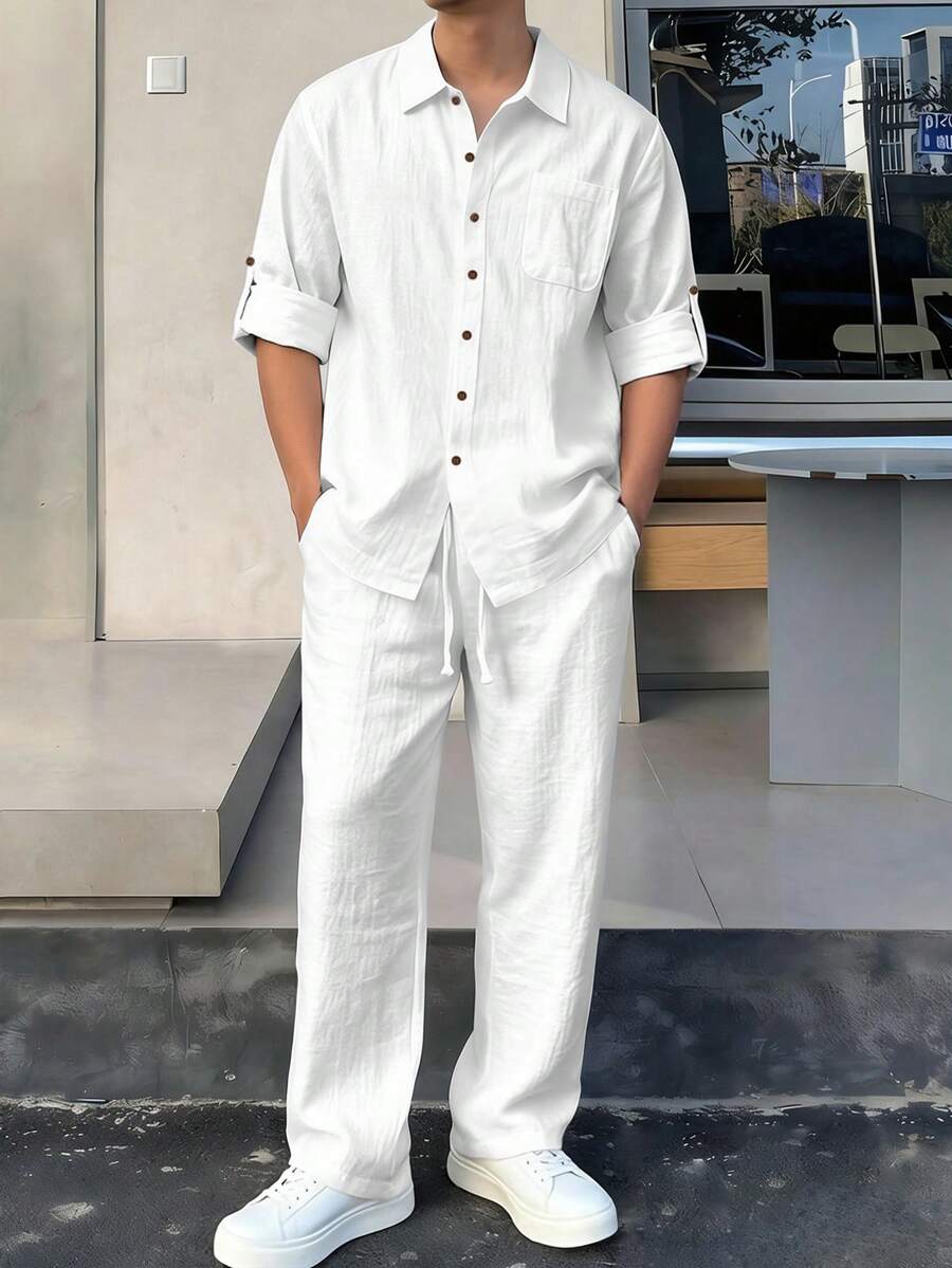 Kolrap Men's Linen Texture Shirt & Pants Set, Long Sleeve Button-Up Top And Drawstring Long Pants 2-Piece Outfit, Summer Beach Vacation Wear - White - View 1